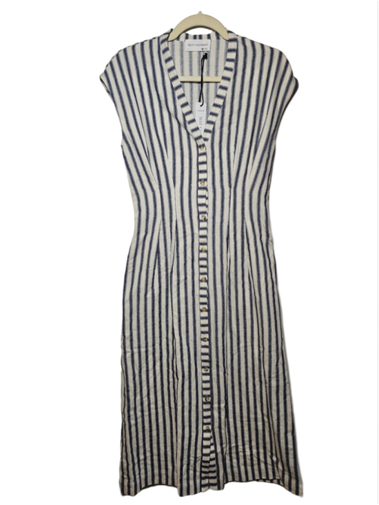 Self Contrast Dresses & Skirts - Self Contrast Anthro Midi Dress Jamila Striped Cotton Linen Cream Navy Small NWT
